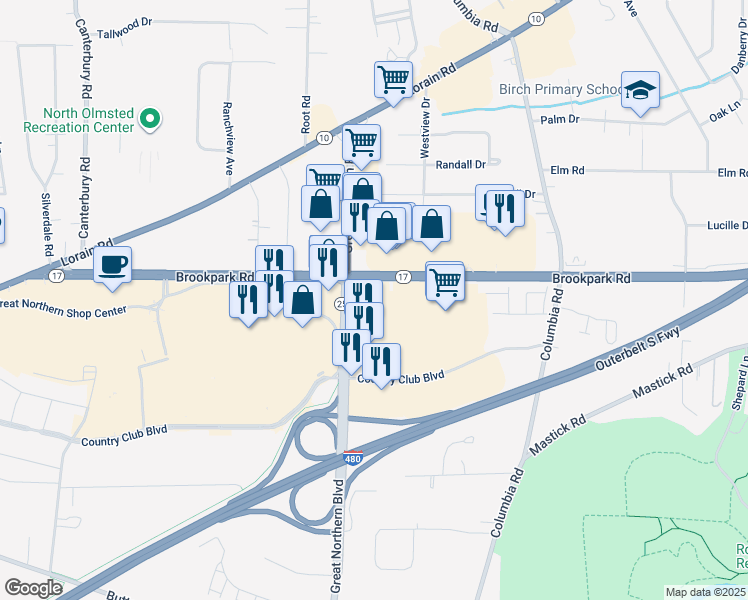 map of restaurants, bars, coffee shops, grocery stores, and more near 25151 Brookpark Road in North Olmsted