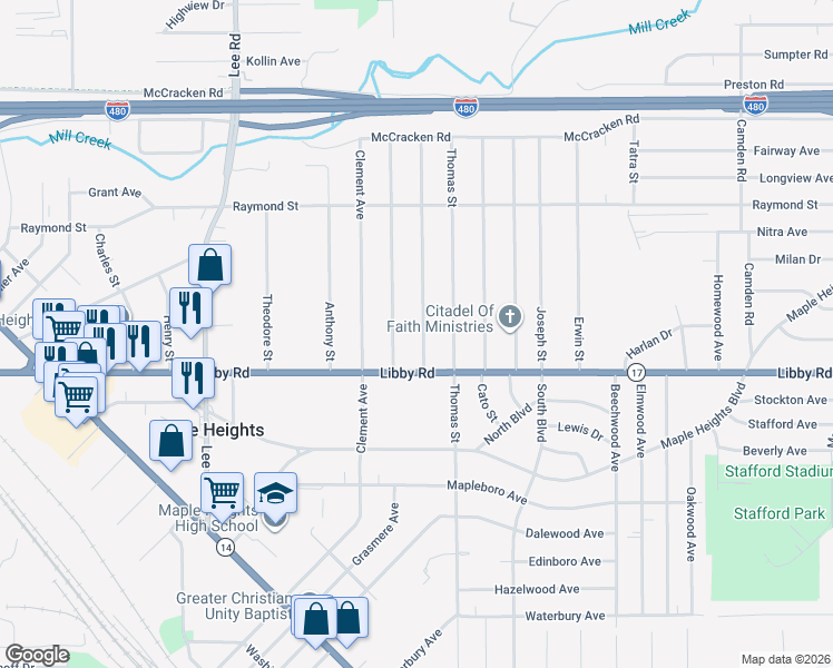 map of restaurants, bars, coffee shops, grocery stores, and more near 5250 Philip Avenue in Maple Heights