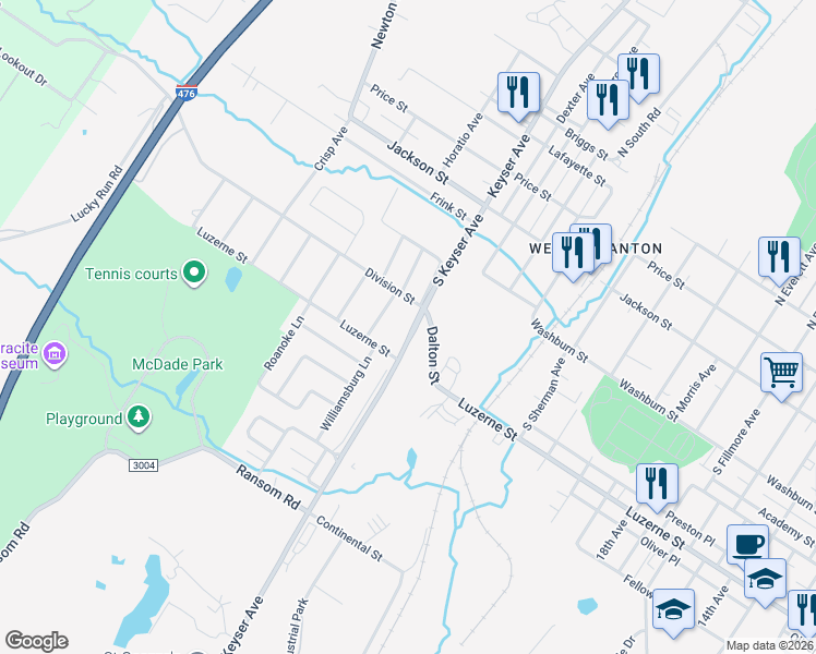 map of restaurants, bars, coffee shops, grocery stores, and more near 320 South Keyser Avenue in Scranton