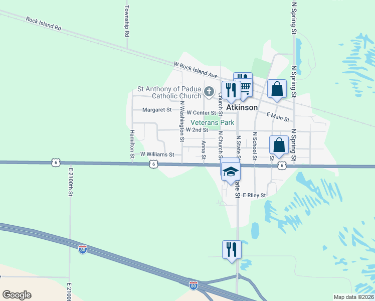 map of restaurants, bars, coffee shops, grocery stores, and more near 309 West Williams Street in Atkinson