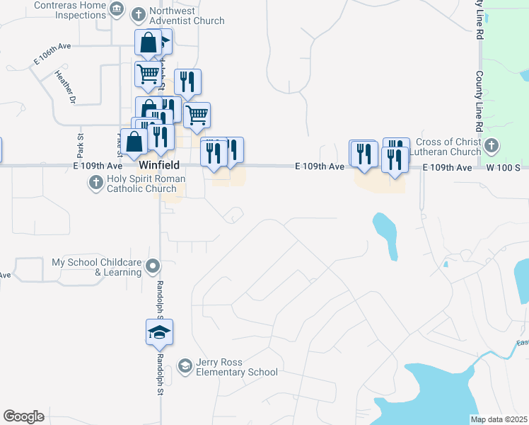 map of restaurants, bars, coffee shops, grocery stores, and more near 3654 Kingsway Drive in Crown Point