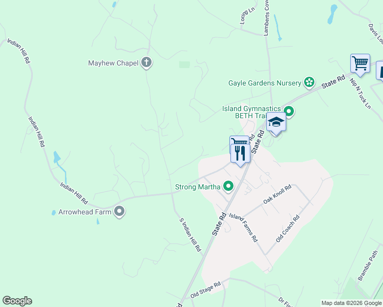 map of restaurants, bars, coffee shops, grocery stores, and more near 22 Josiah Sachem Way in West Tisbury