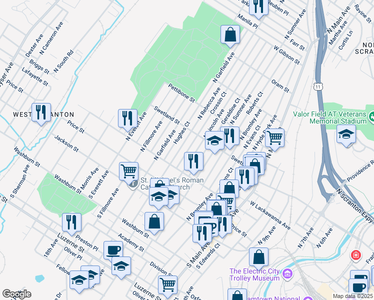 map of restaurants, bars, coffee shops, grocery stores, and more near 338 Crossin Court in Scranton