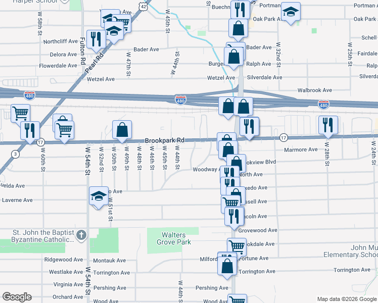 map of restaurants, bars, coffee shops, grocery stores, and more near 5224 Roseside Avenue in Cleveland