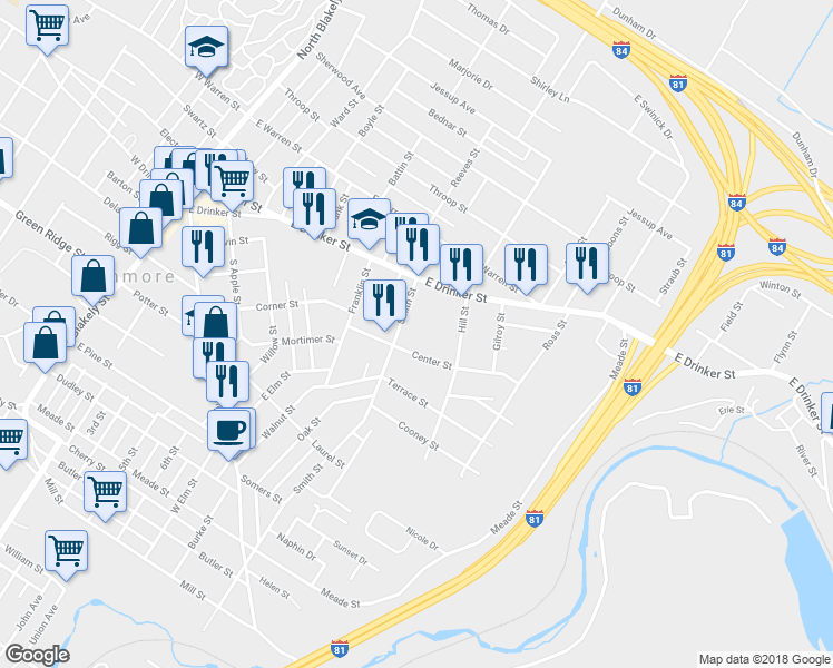 map of restaurants, bars, coffee shops, grocery stores, and more near 131 Smith Street in Dunmore