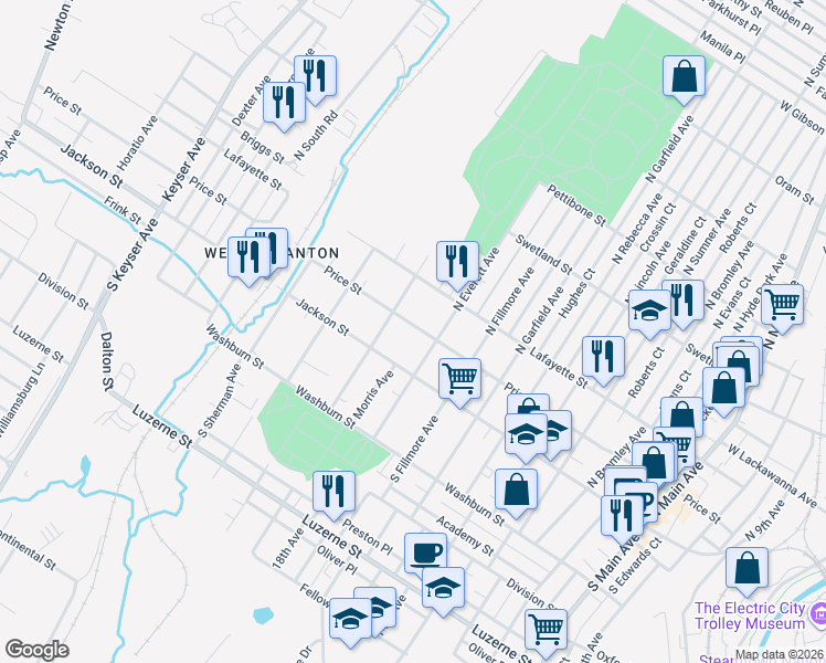 map of restaurants, bars, coffee shops, grocery stores, and more near 1901 Price Street in Scranton