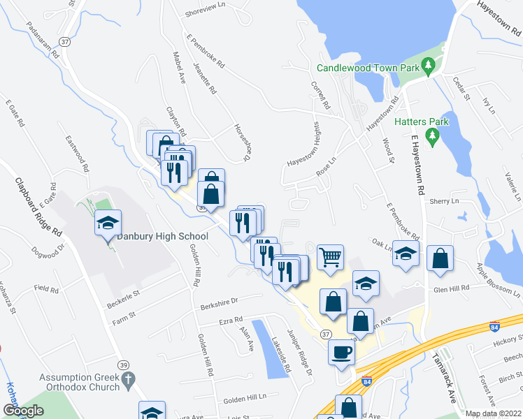 map of restaurants, bars, coffee shops, grocery stores, and more near 25 Padanaram Road in Danbury