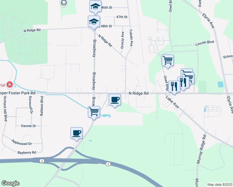 map of restaurants, bars, coffee shops, grocery stores, and more near 43243 North Ridge Road in Elyria