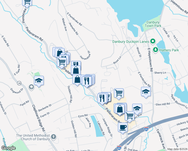 map of restaurants, bars, coffee shops, grocery stores, and more near Unnamed Road in Danbury