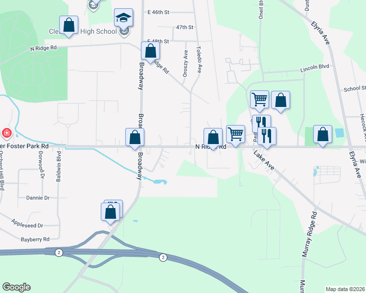 map of restaurants, bars, coffee shops, grocery stores, and more near 43243 North Ridge Road in Elyria