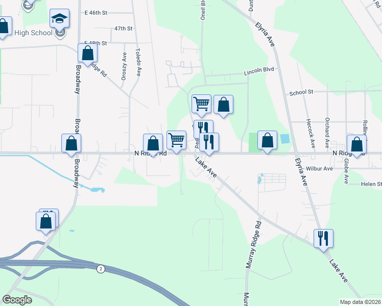 map of restaurants, bars, coffee shops, grocery stores, and more near 1165 North Ridge Road in Lorain