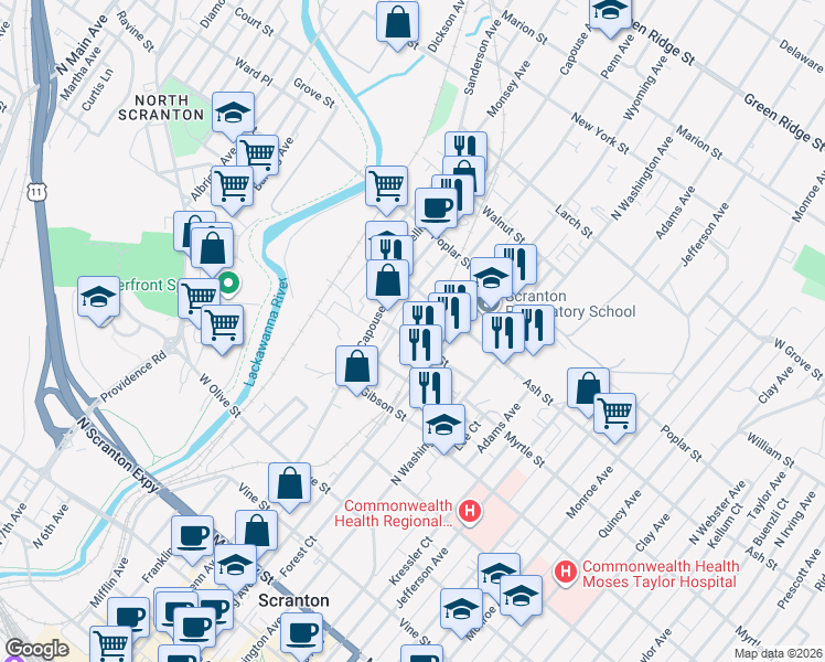map of restaurants, bars, coffee shops, grocery stores, and more near 326 Phelps Street in Scranton