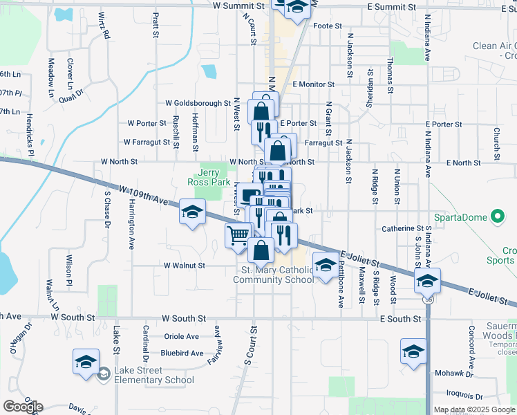 map of restaurants, bars, coffee shops, grocery stores, and more near 17 North Court Street in Crown Point