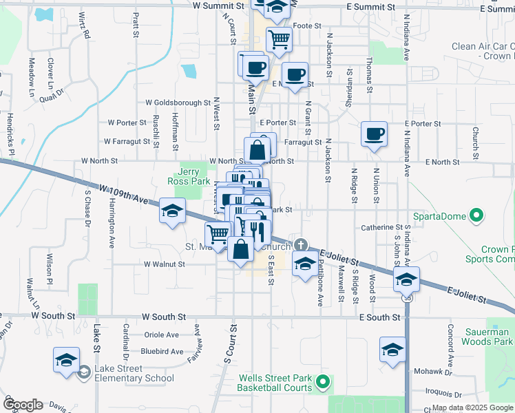 map of restaurants, bars, coffee shops, grocery stores, and more near 101 North Main Street in Crown Point