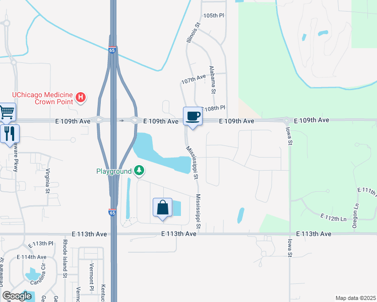 map of restaurants, bars, coffee shops, grocery stores, and more near 2275 East 109th Avenue in Crown Point