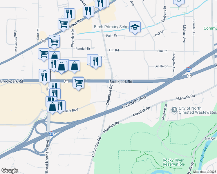 map of restaurants, bars, coffee shops, grocery stores, and more near 24466 Clareshire Drive in North Olmsted