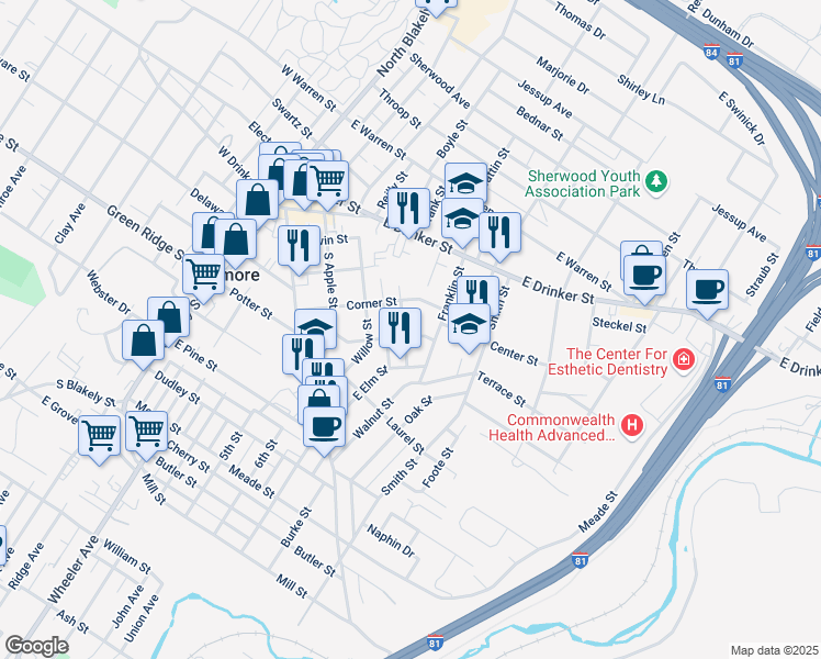 map of restaurants, bars, coffee shops, grocery stores, and more near 417 Mortimer Street in Scranton