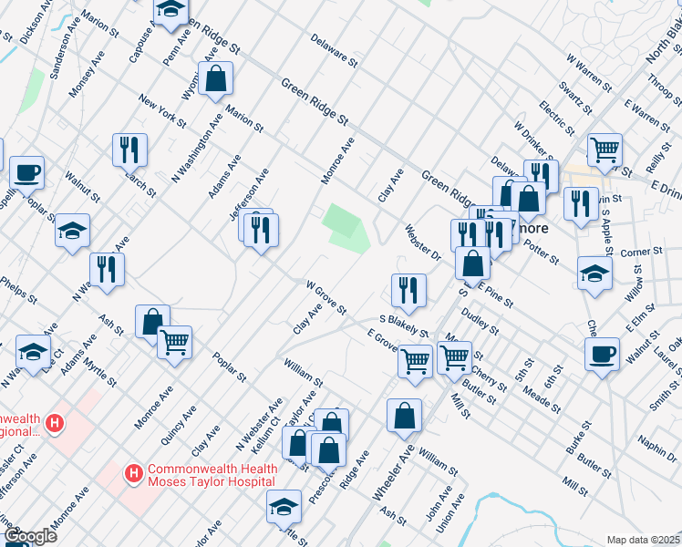 map of restaurants, bars, coffee shops, grocery stores, and more near 1309 Clay Avenue in Dunmore