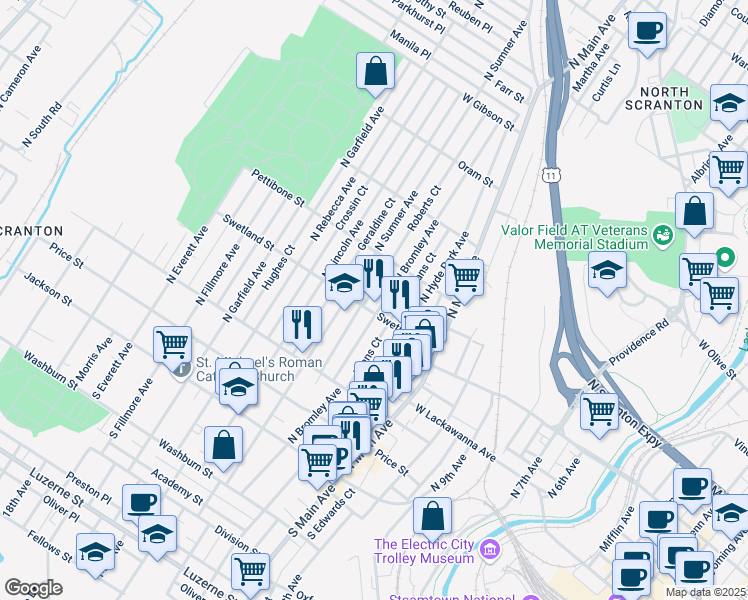 map of restaurants, bars, coffee shops, grocery stores, and more near 514 North Bromley Avenue in Scranton