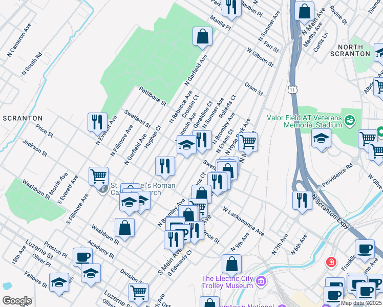 map of restaurants, bars, coffee shops, grocery stores, and more near in Scranton