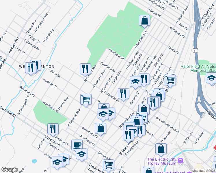 map of restaurants, bars, coffee shops, grocery stores, and more near 315 Hughes Court in Scranton