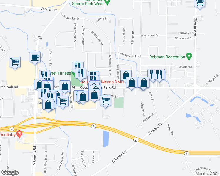 map of restaurants, bars, coffee shops, grocery stores, and more near 1831 Cooper Foster Park Road in Amherst
