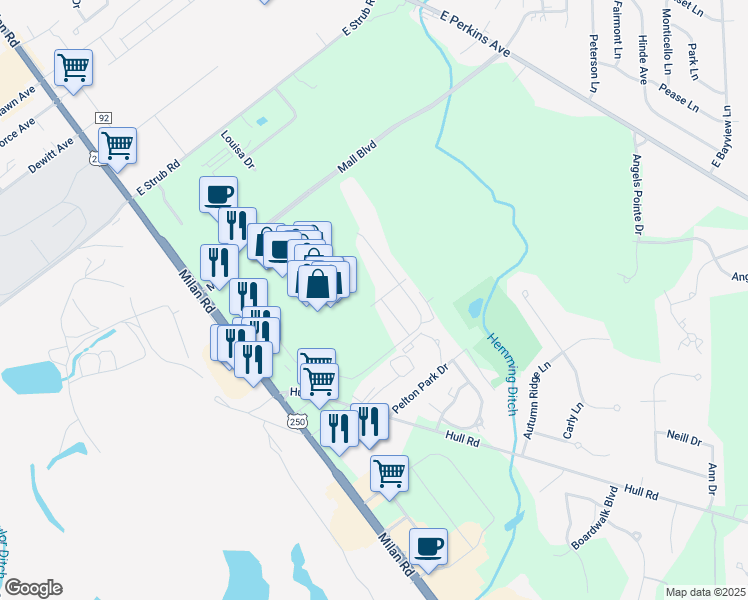 map of restaurants, bars, coffee shops, grocery stores, and more near Unnamed Road in Sandusky