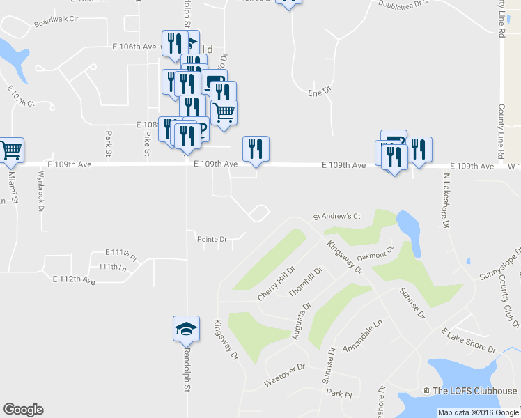 map of restaurants, bars, coffee shops, grocery stores, and more near 128-132 Meadow Road in Crown Point