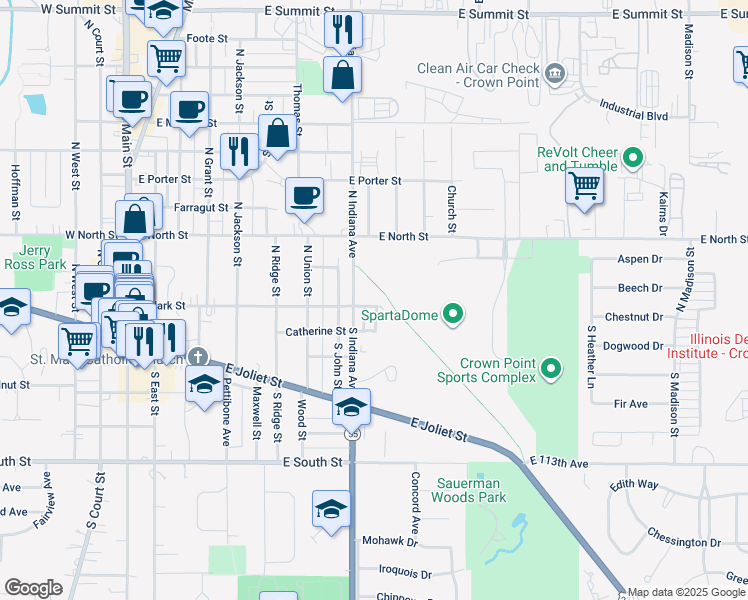 map of restaurants, bars, coffee shops, grocery stores, and more near 905-999 E Clark St in Crown Point