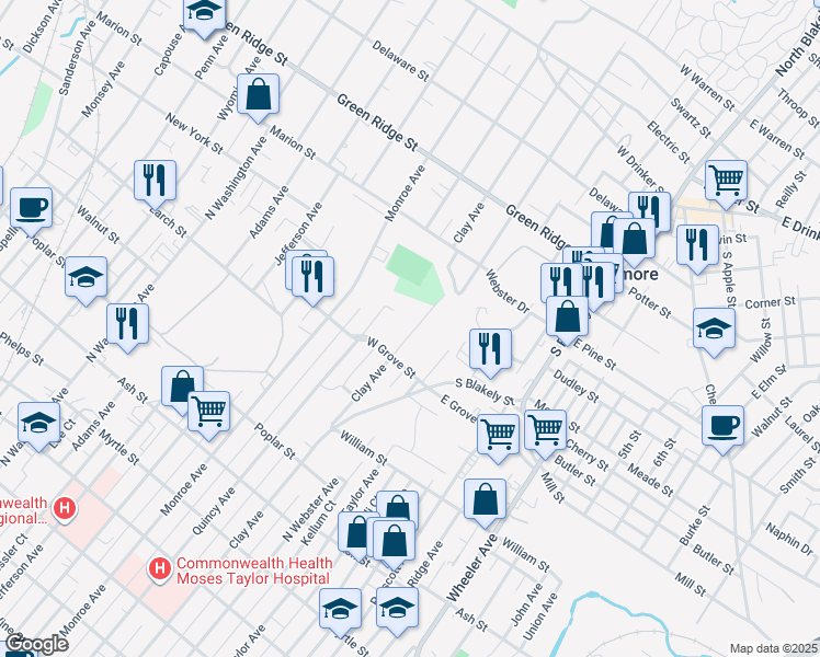 map of restaurants, bars, coffee shops, grocery stores, and more near 1309 Clay Avenue in Dunmore