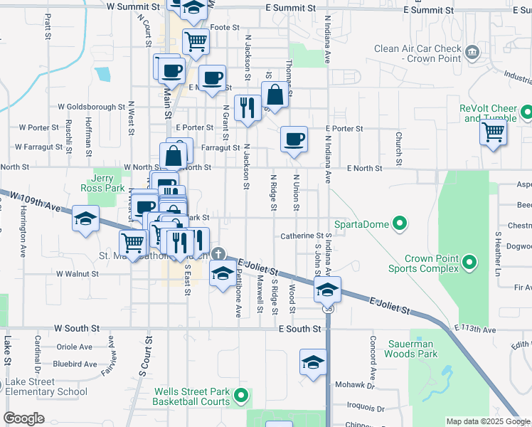 map of restaurants, bars, coffee shops, grocery stores, and more near 522 East Clark Street in Crown Point