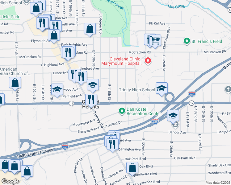 map of restaurants, bars, coffee shops, grocery stores, and more near 5287 East 115th Street in Garfield Heights