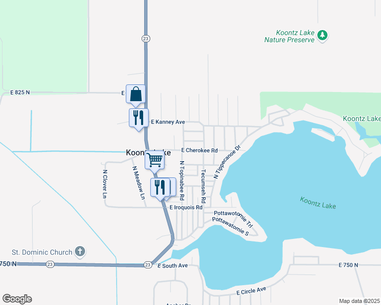 map of restaurants, bars, coffee shops, grocery stores, and more near 10937 East Cherokee Road in Walkerton