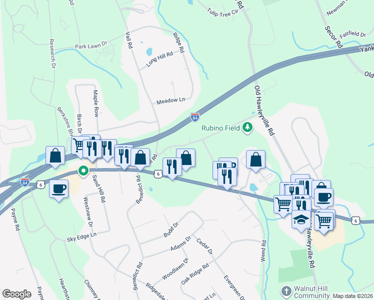 map of restaurants, bars, coffee shops, grocery stores, and more near 15 Hawleyville Road in Bethel