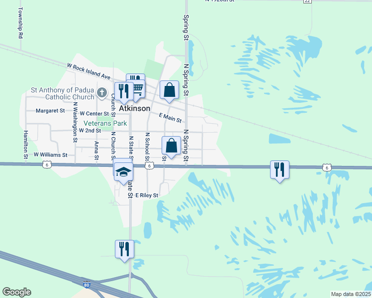 map of restaurants, bars, coffee shops, grocery stores, and more near 399 E Williams St in Atkinson