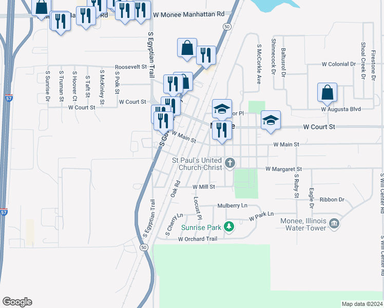 map of restaurants, bars, coffee shops, grocery stores, and more near 25957 Oak Road in Monee