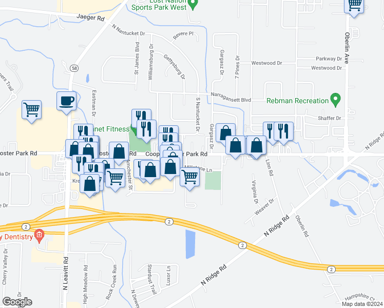 map of restaurants, bars, coffee shops, grocery stores, and more near 1814 Cooper Foster Park Road in Lorain