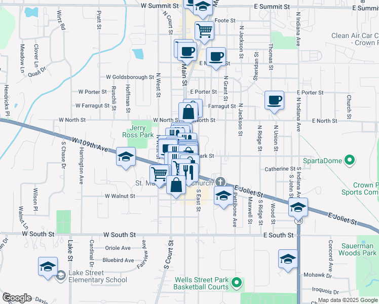 map of restaurants, bars, coffee shops, grocery stores, and more near 101 North Main Street in Crown Point