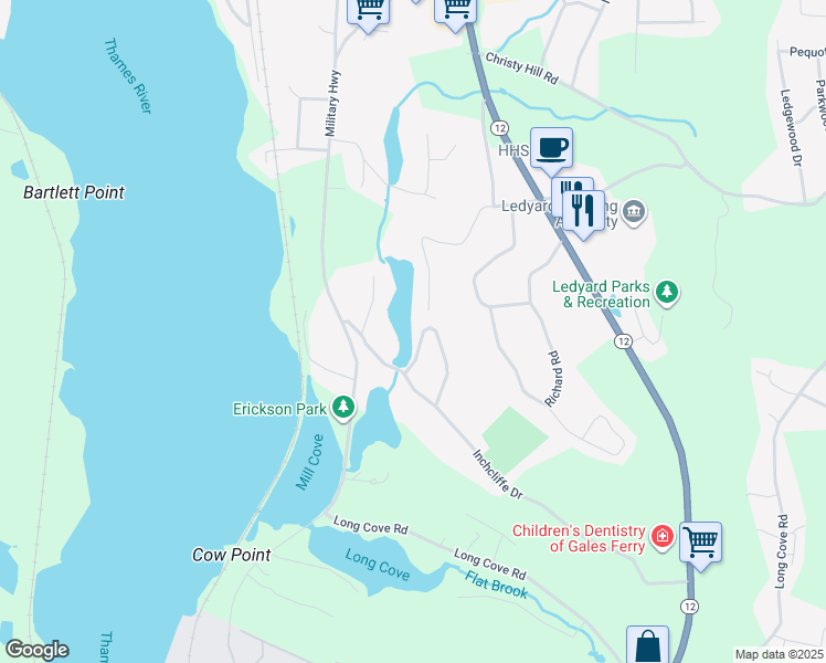 map of restaurants, bars, coffee shops, grocery stores, and more near 85 Inchcliffe Drive in Ledyard