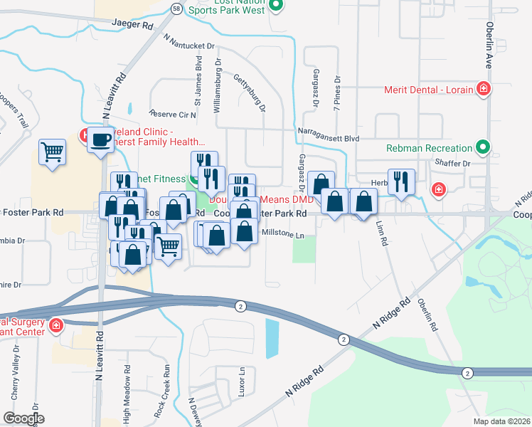map of restaurants, bars, coffee shops, grocery stores, and more near 1826 Cooper Foster Park Road in Lorain