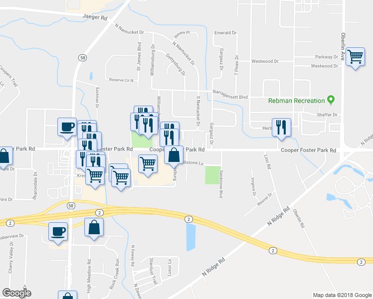 map of restaurants, bars, coffee shops, grocery stores, and more near 1828 Cooper Foster Park Road in Lorain