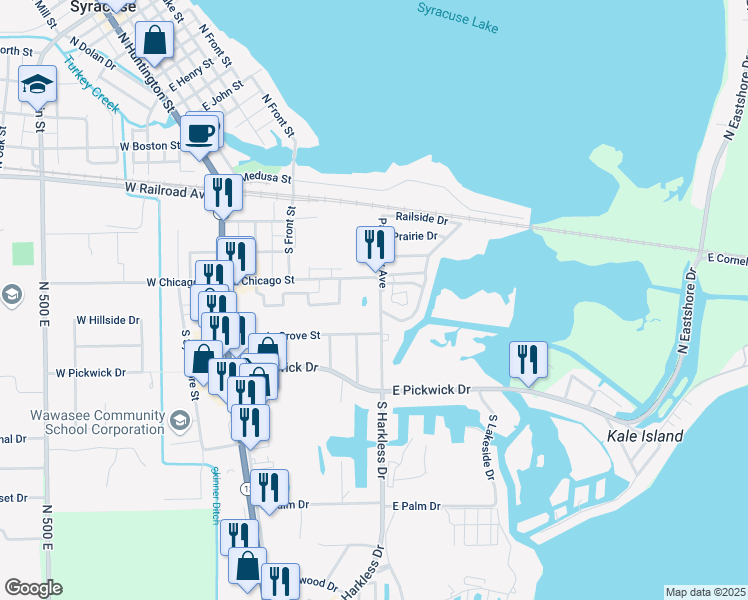 map of restaurants, bars, coffee shops, grocery stores, and more near 415 South Harkless Drive in Syracuse