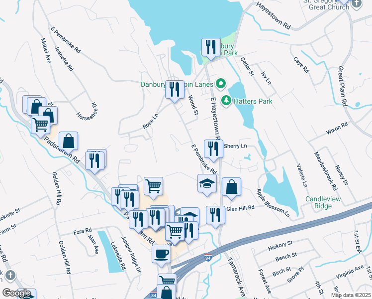 map of restaurants, bars, coffee shops, grocery stores, and more near 16 East Pembroke Road in Danbury