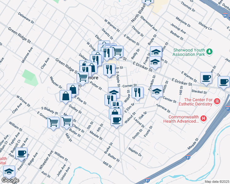 map of restaurants, bars, coffee shops, grocery stores, and more near 116 Mortimer Street in Dunmore
