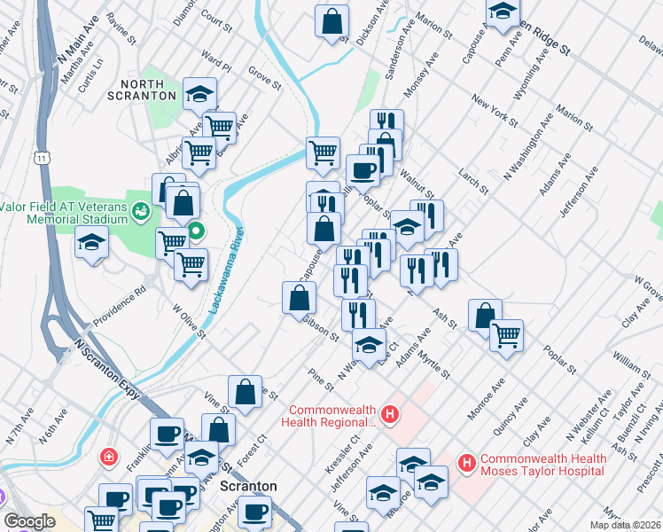 map of restaurants, bars, coffee shops, grocery stores, and more near 326 Phelps Street in Scranton