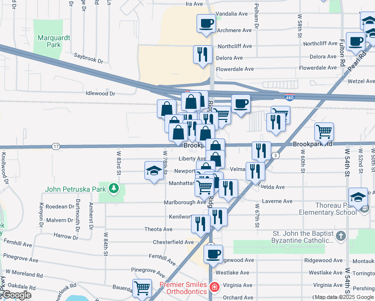 map of restaurants, bars, coffee shops, grocery stores, and more near 7514 Liberty Avenue in Parma