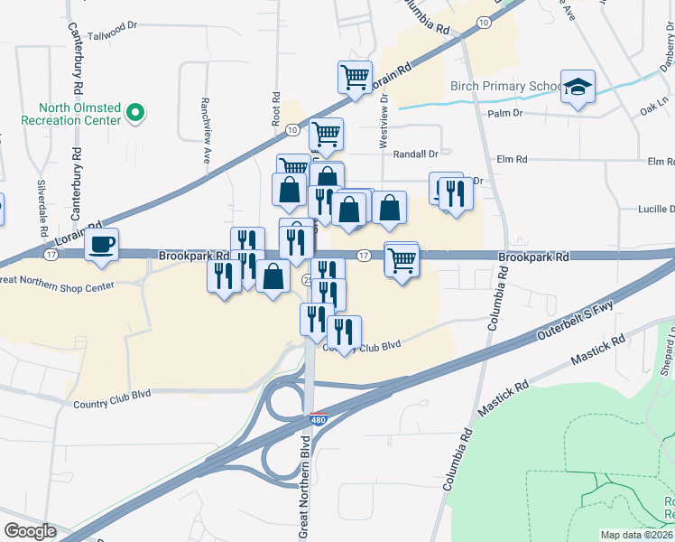 map of restaurants, bars, coffee shops, grocery stores, and more near 25151 Brookpark Road in North Olmsted