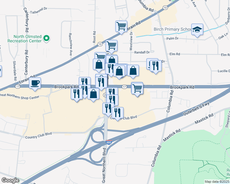 map of restaurants, bars, coffee shops, grocery stores, and more near 25151 Brookpark Road in North Olmsted