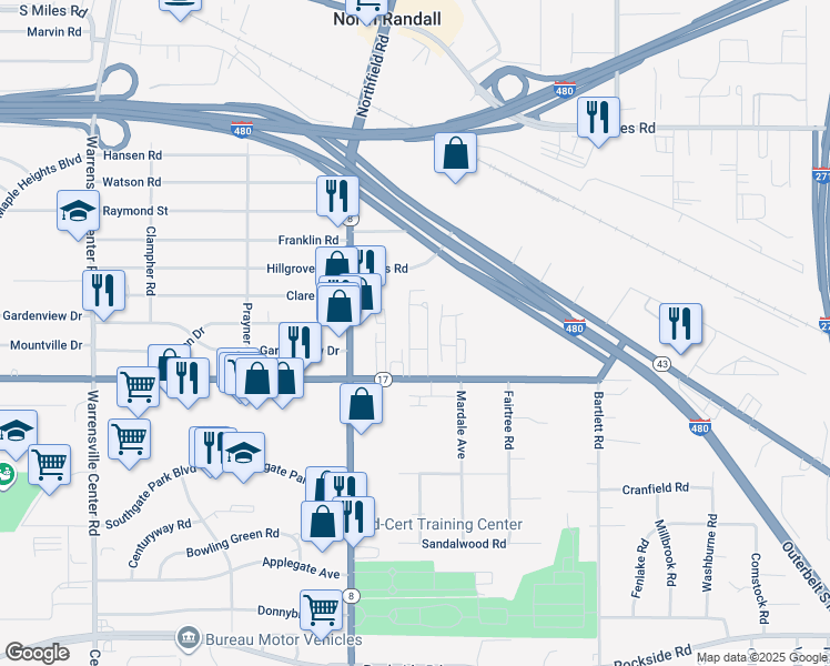 map of restaurants, bars, coffee shops, grocery stores, and more near 21981 Libby Road in Bedford Heights