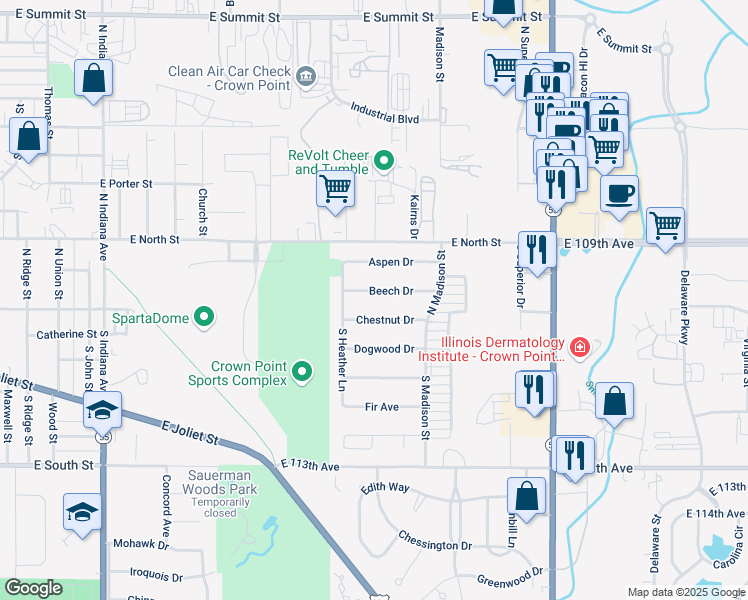 map of restaurants, bars, coffee shops, grocery stores, and more near 1630 Chestnut Drive in Crown Point